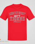 Red unisex crewneck T-shirt with '1877 Tigers' and 'Alumni' front print.