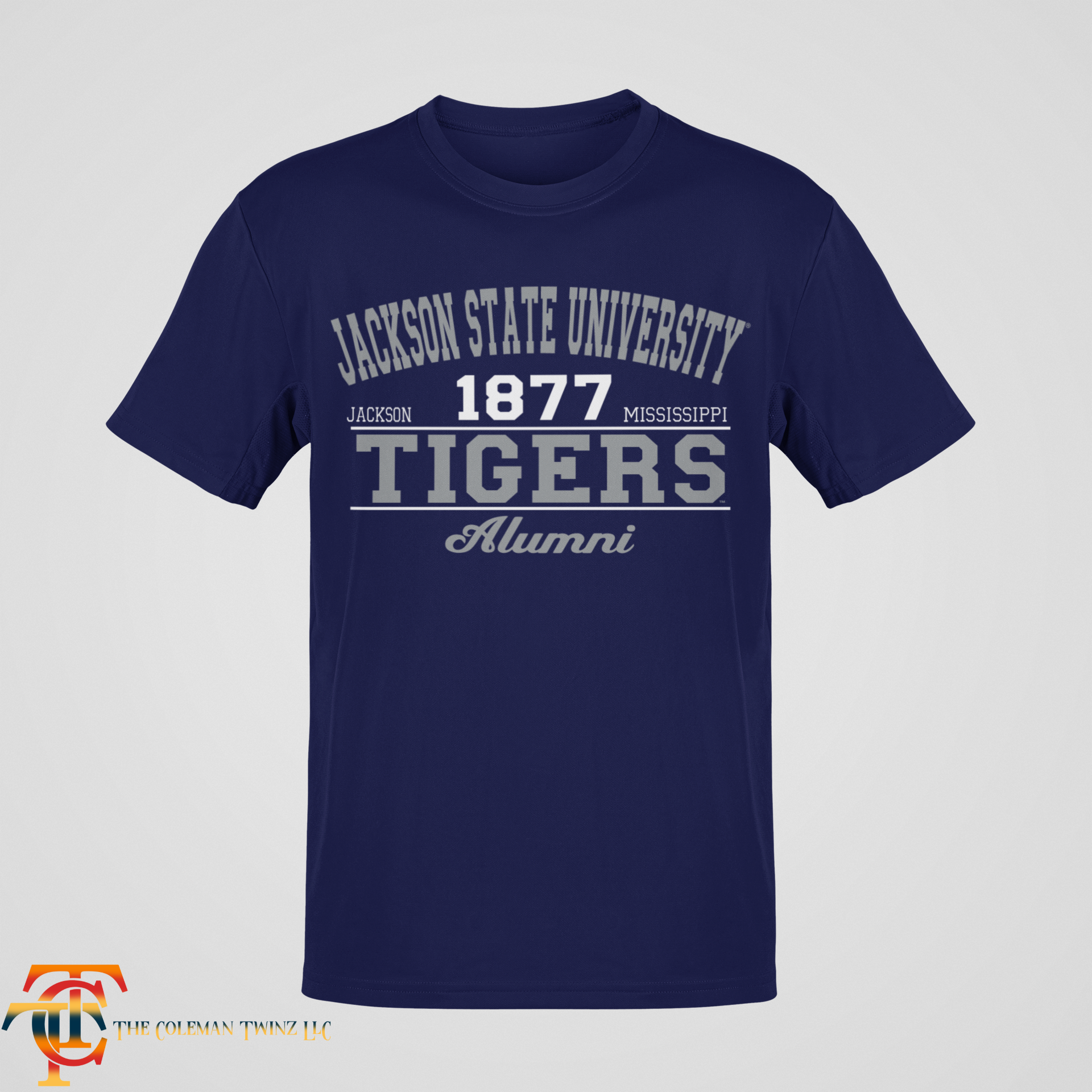 Navy unisex crewneck T-shirt with '1877 Tigers' and 'Alumni' front print.