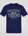 Navy unisex crewneck T-shirt with '1877 Tigers' and 'Alumni' front print.