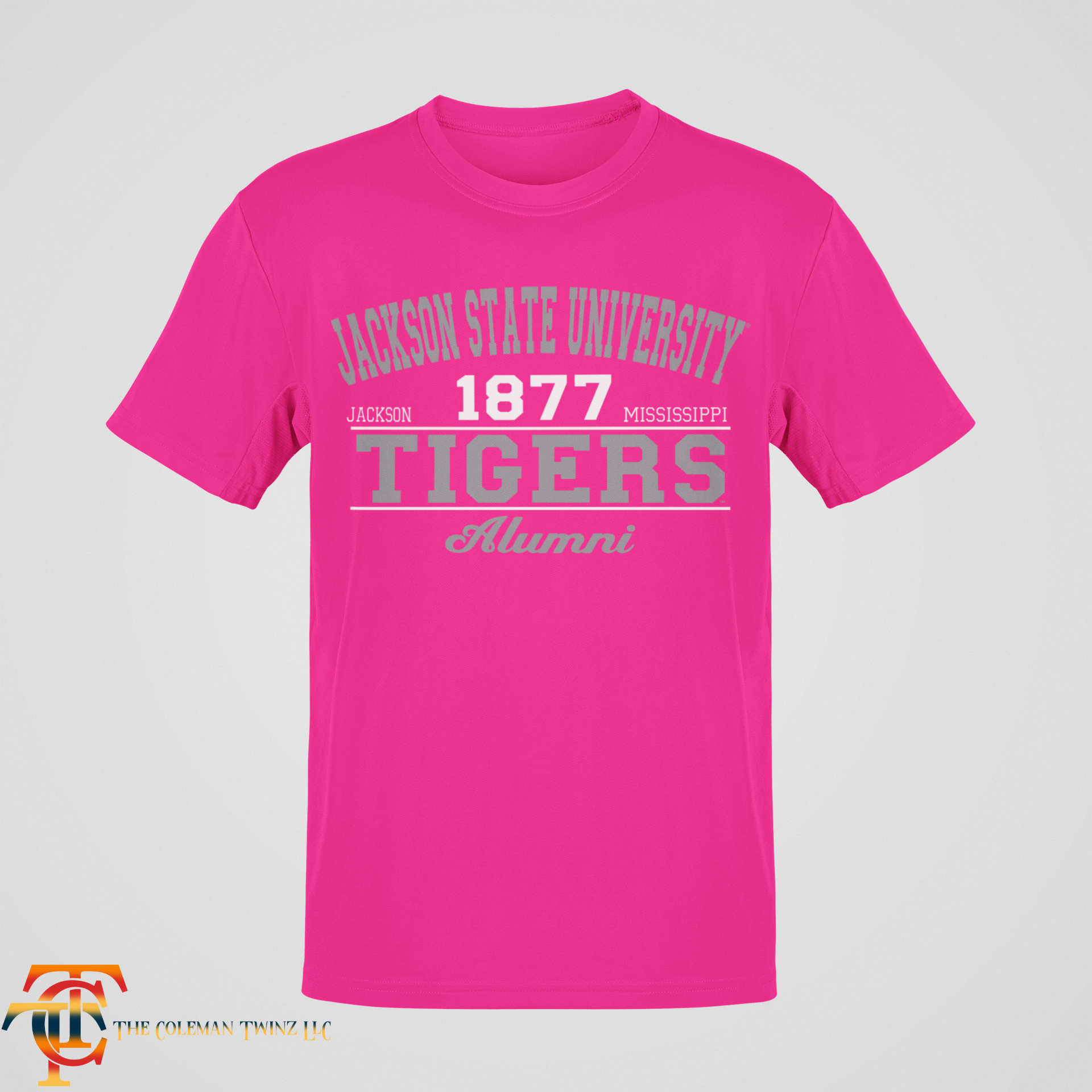 Pink unisex crewneck T-shirt with '1877 Tigers' and 'Alumni' front print.