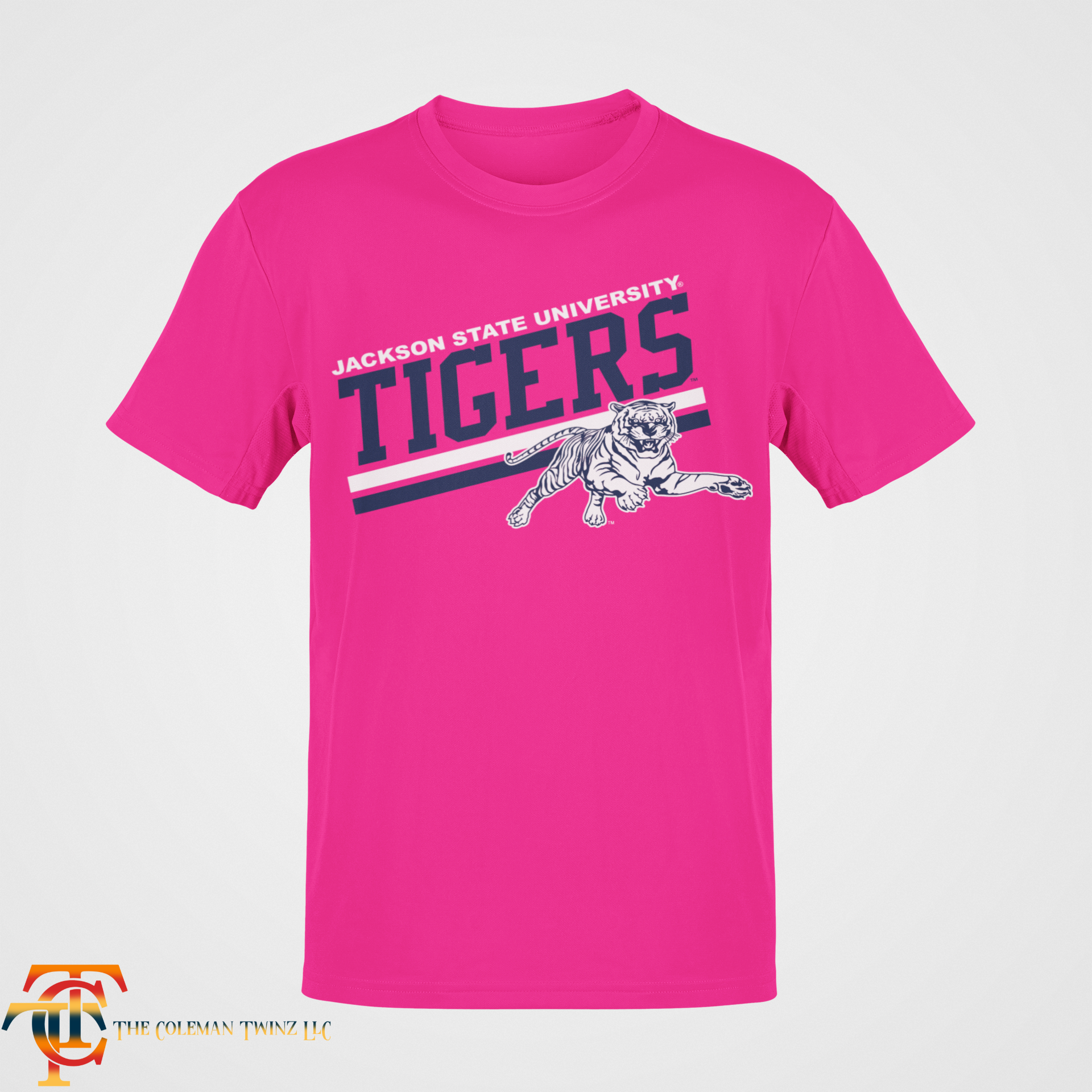 Jackson State Tigers crew neck short sleeve T-shirt, fuchsia pink with tiger logo