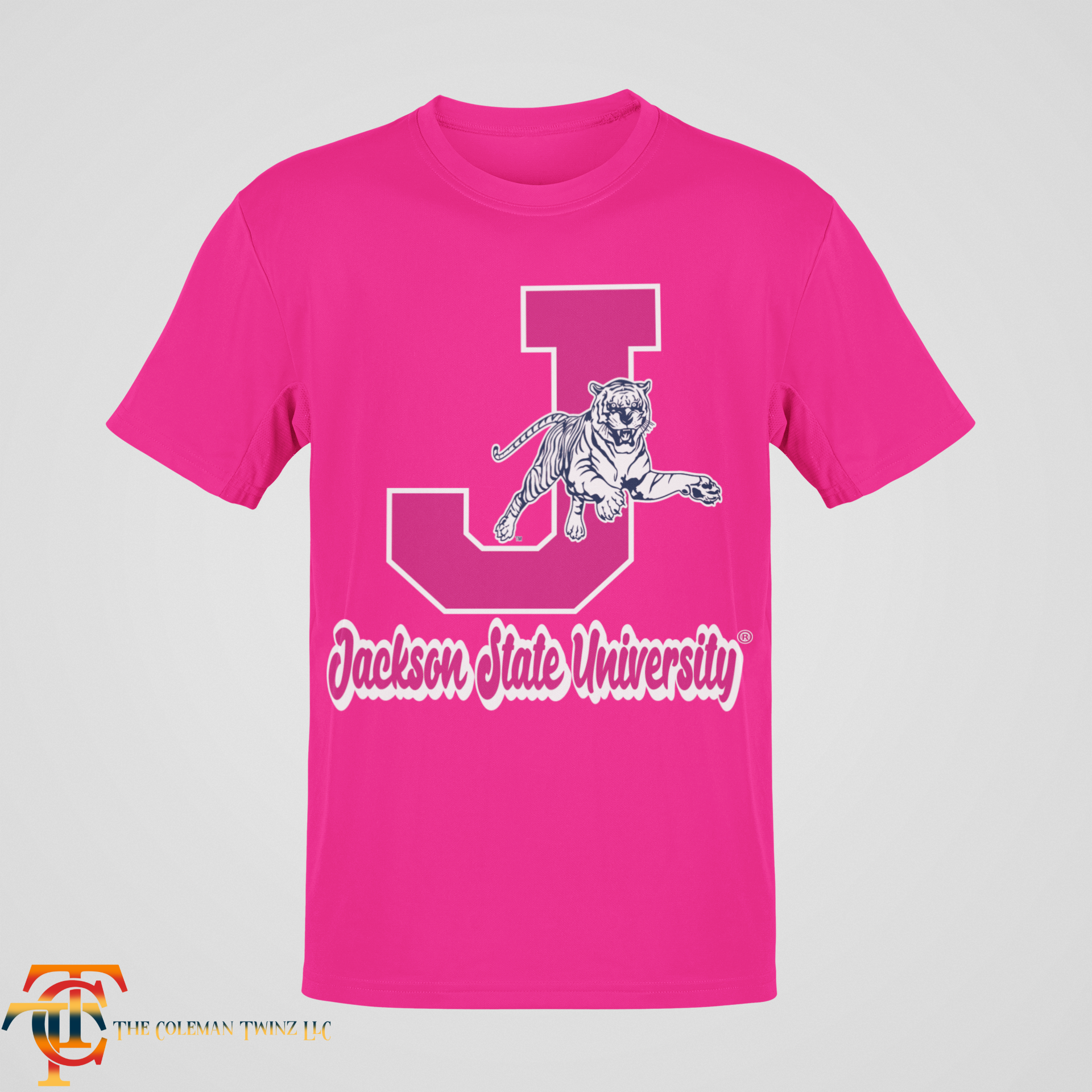 Pink crew-neck T-shirt with leaping tiger and J emblem graphic