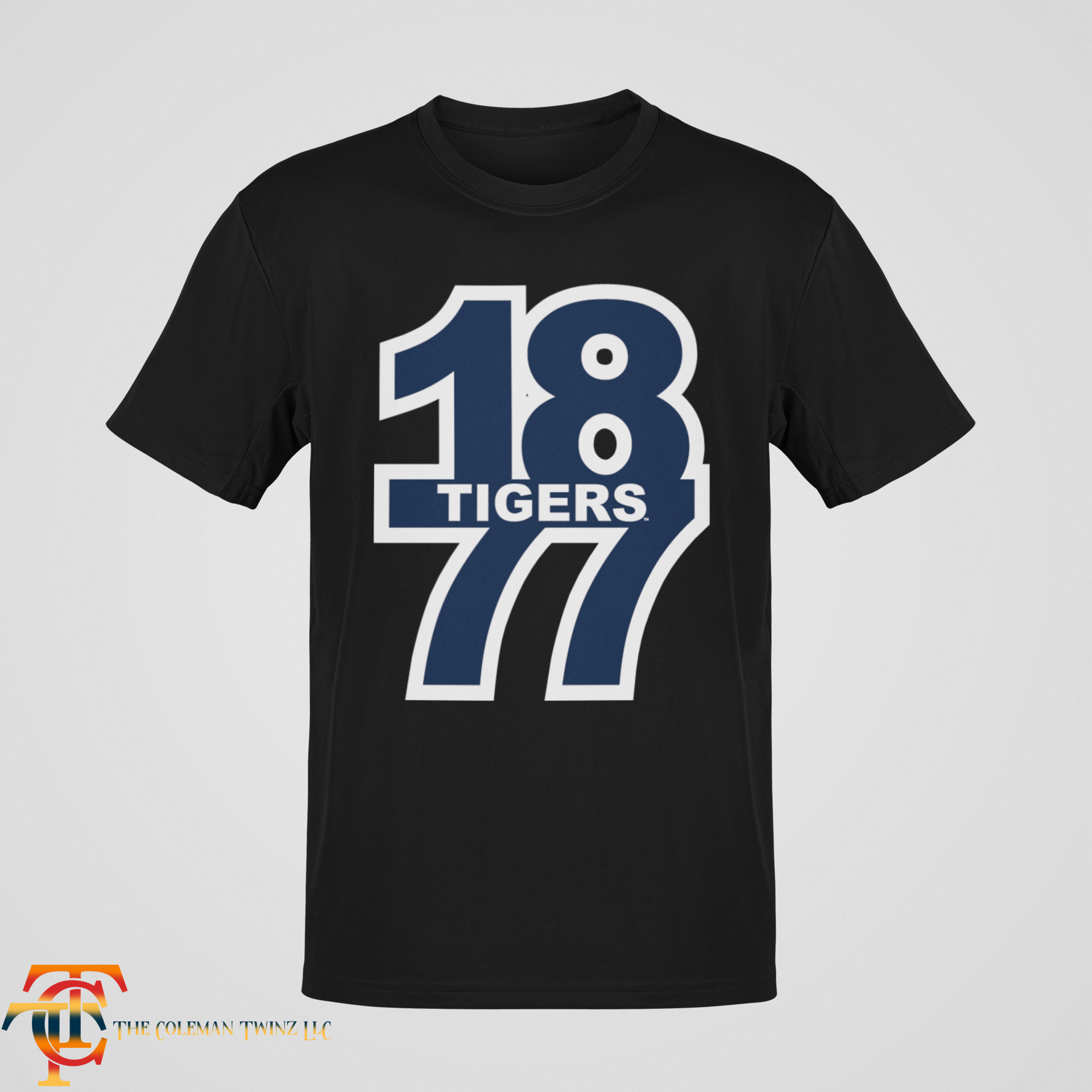 Black crew neck short sleeve t-shirt with “18 Tigers 77” front graphic