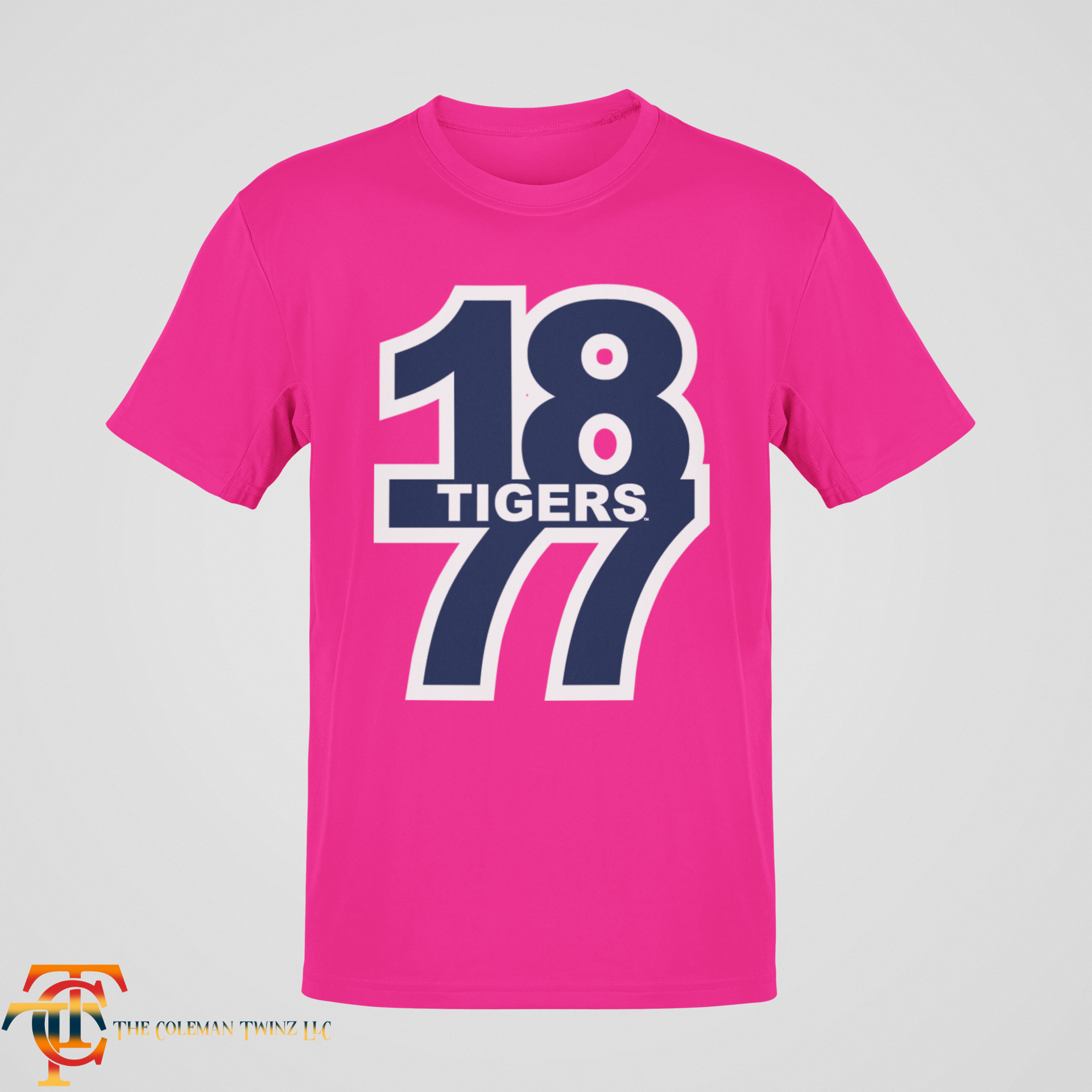 Pink crew neck short sleeve t-shirt with “18 Tigers 77” front graphic