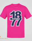 Pink crew neck short sleeve t-shirt with “18 Tigers 77” front graphic