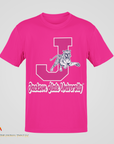 Pink crew-neck T-shirt with leaping tiger and J emblem graphic