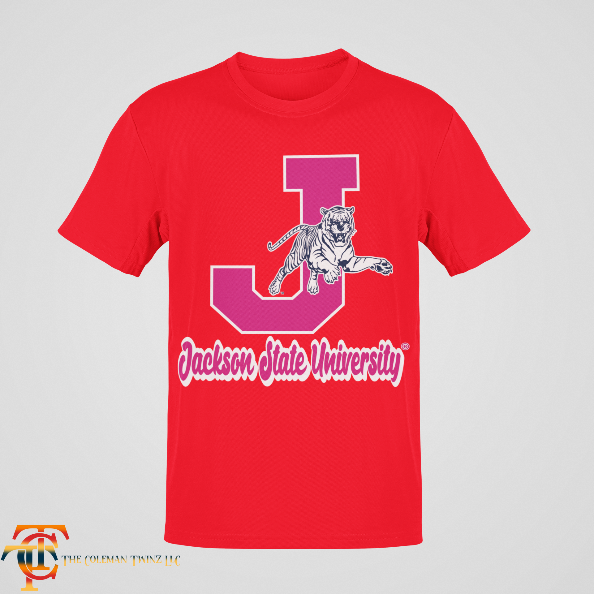 Red crew-neck T-shirt with leaping tiger and J emblem graphic