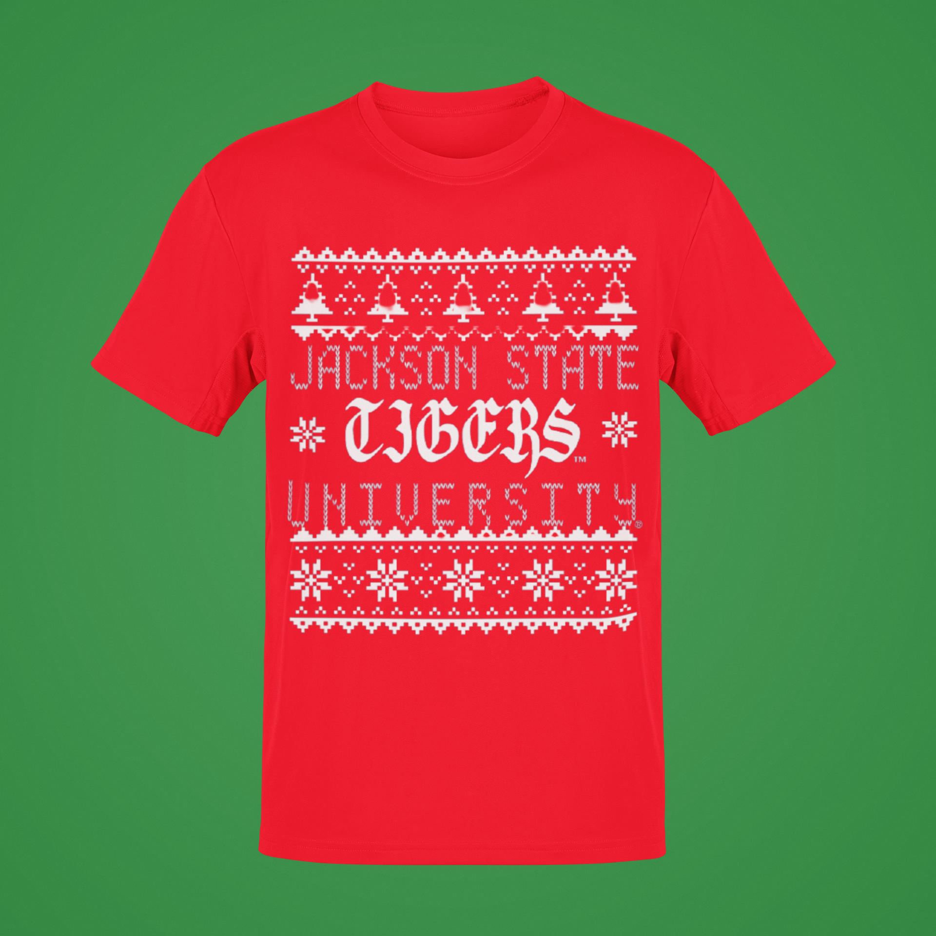 Red short-sleeve crew-neck T-shirt with white festive Jackson State Tigers graphic
