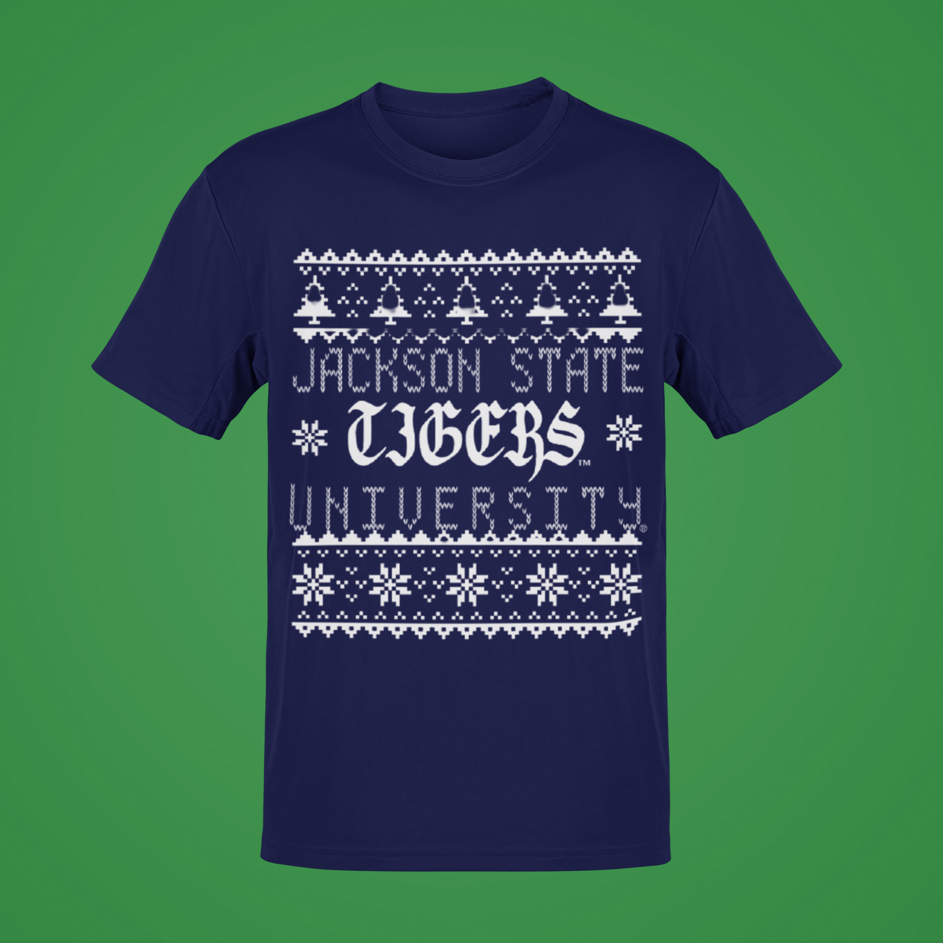 Navy short-sleeve crew-neck T-shirt with white festive Jackson State Tigers graphic