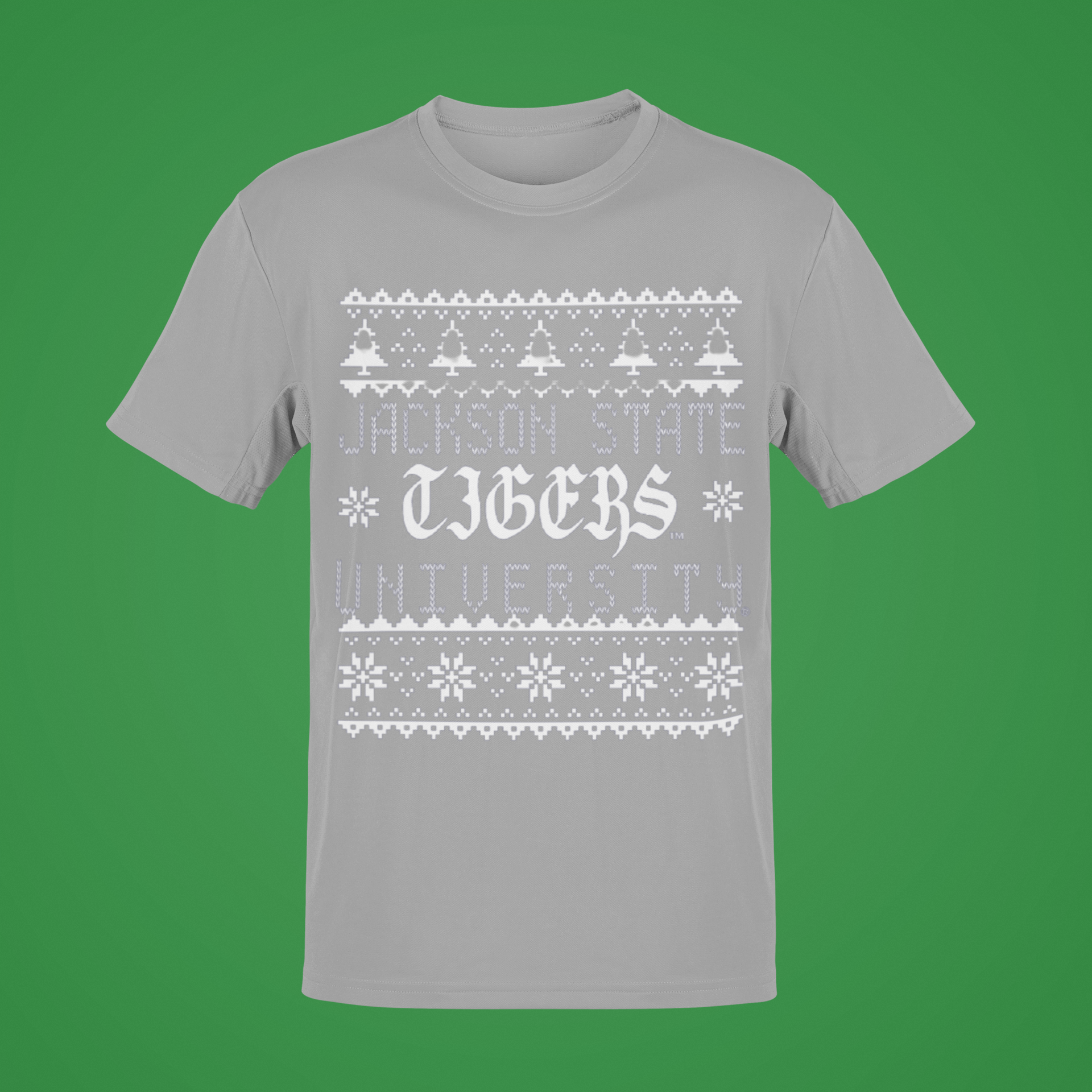 Light gray short-sleeve crew-neck T-shirt with white festive Jackson State Tigers graphic