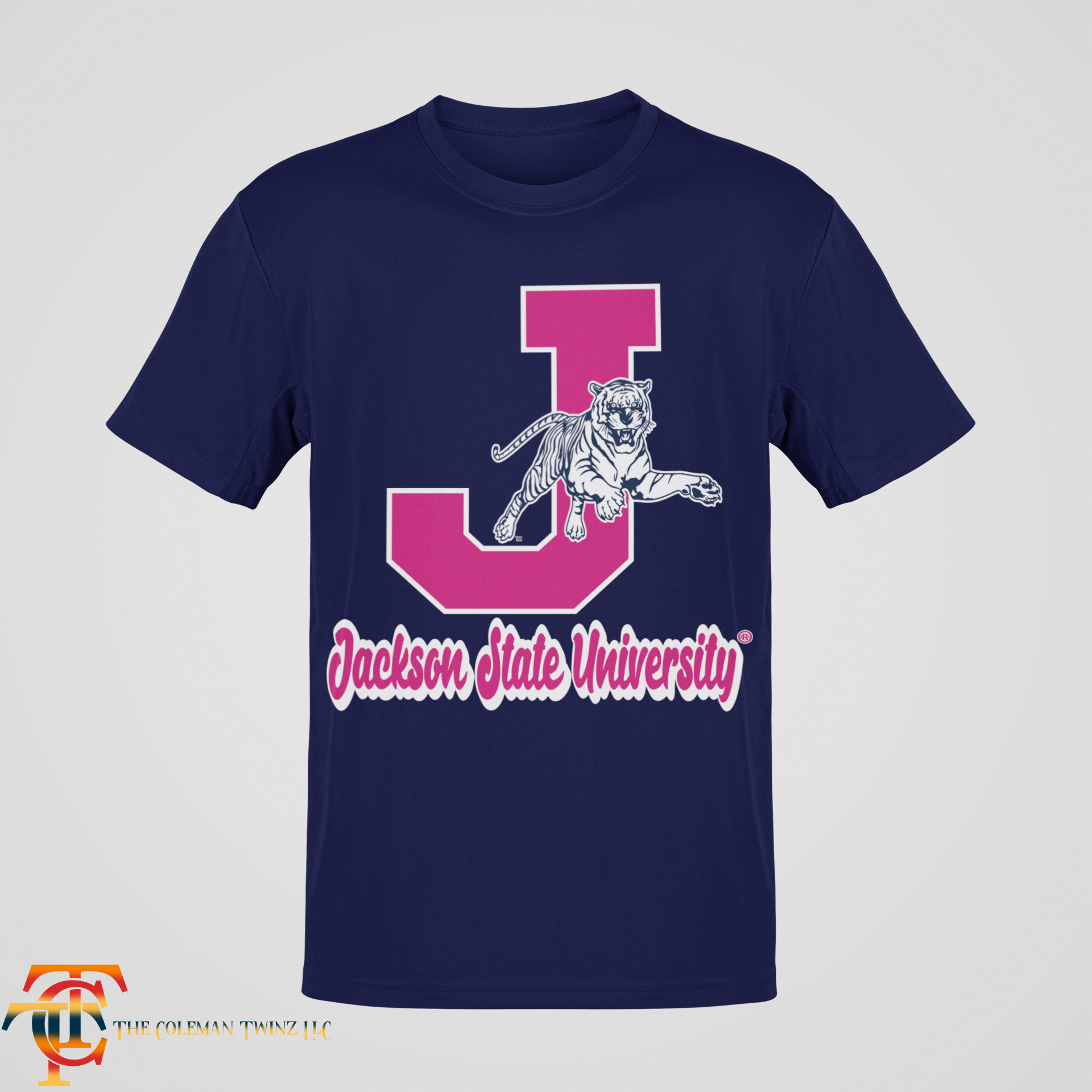Navy crew-neck T-shirt with leaping tiger and J emblem graphic