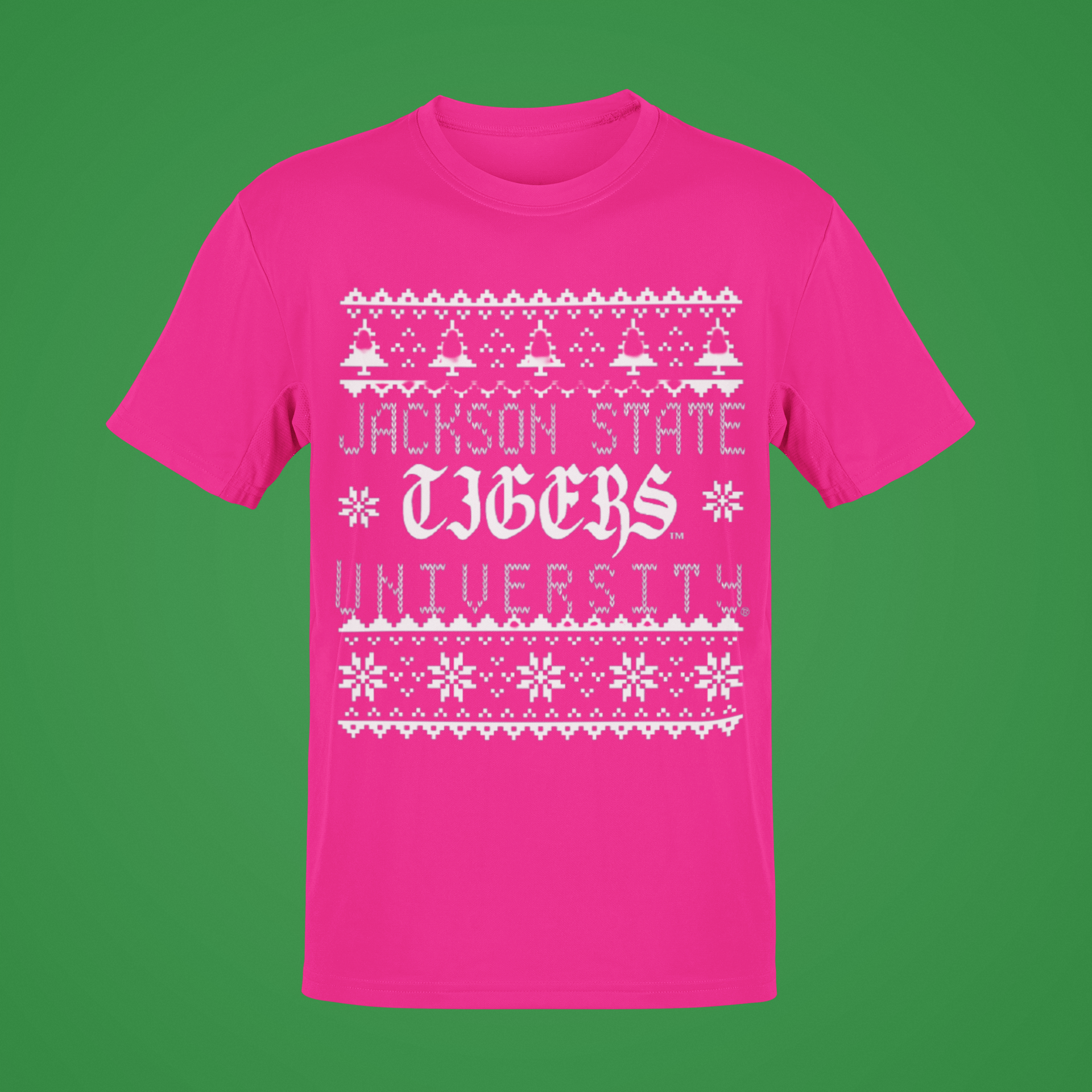 Bright pink short-sleeve crew-neck T-shirt with white festive Jackson State Tigers graphic