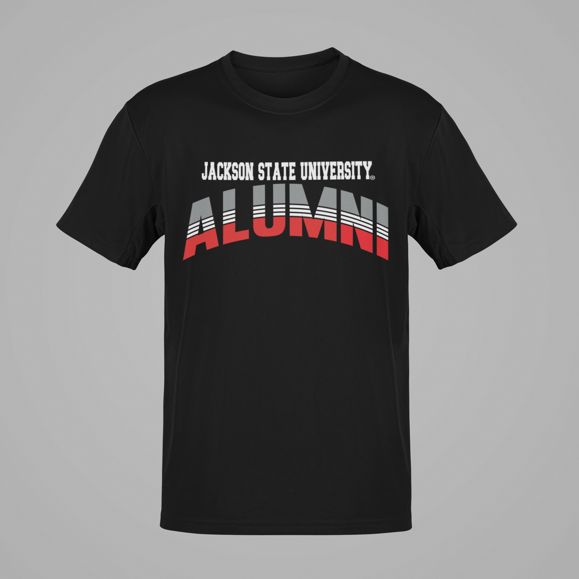 Black unisex crew neck short-sleeve T-shirt with “Jackson State University” Alumni logo