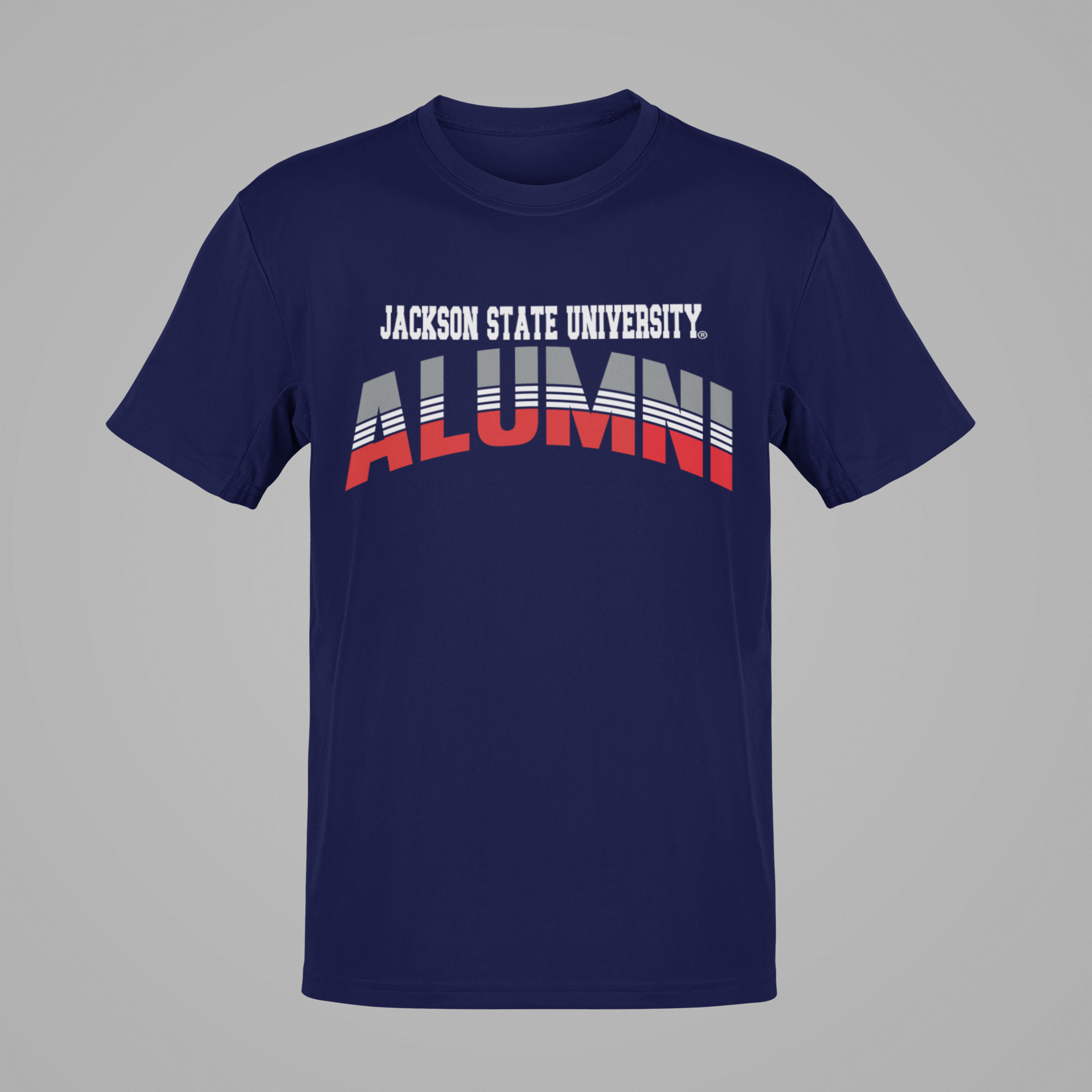 Blue unisex crew neck short-sleeve T-shirt with “Jackson State University” Alumni logo