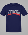 Blue unisex crew neck short-sleeve T-shirt with “Jackson State University” Alumni logo