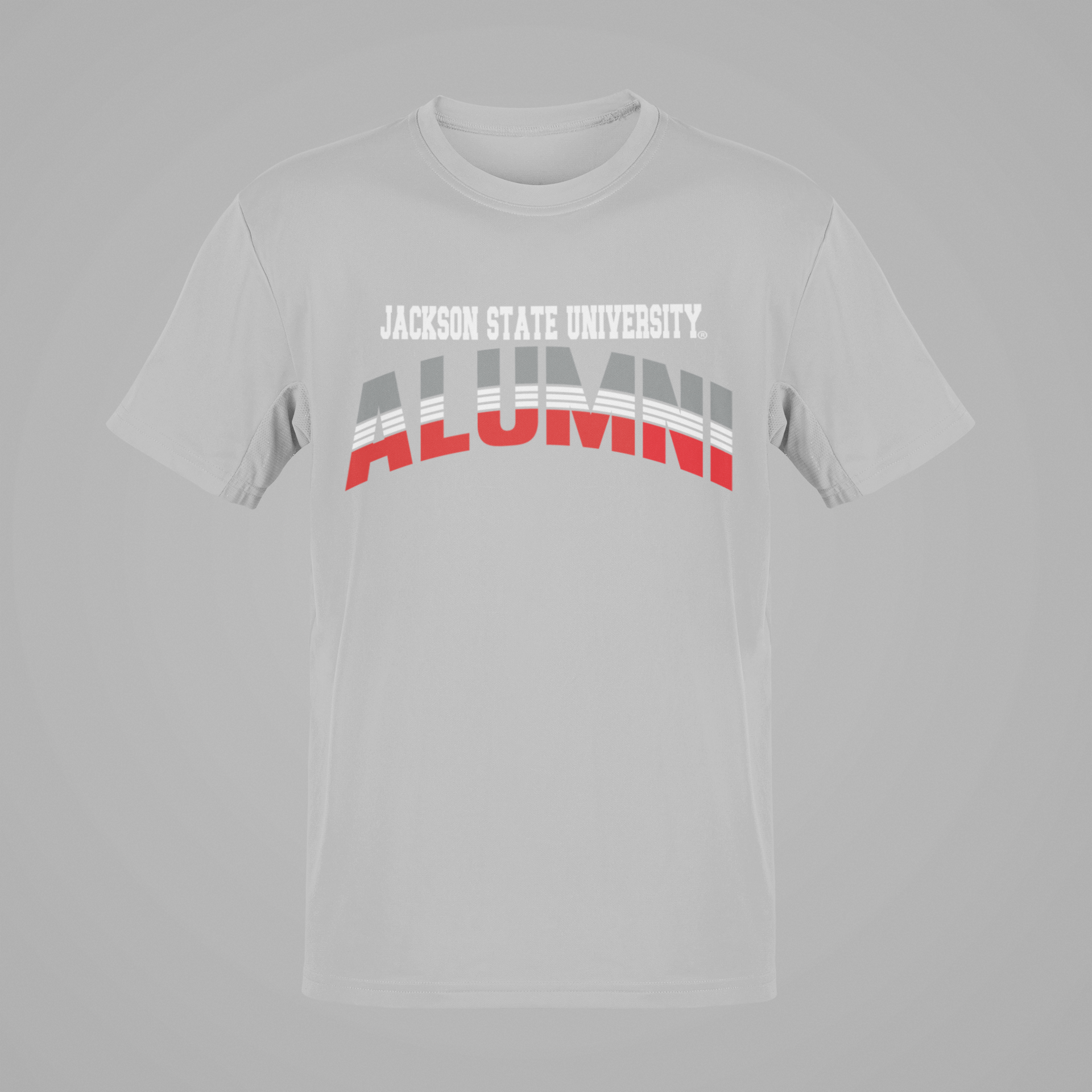 White unisex crew neck short-sleeve T-shirt with “Jackson State University” Alumni logo