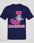 Navy crew-neck T-shirt with leaping tiger and J emblem graphic
