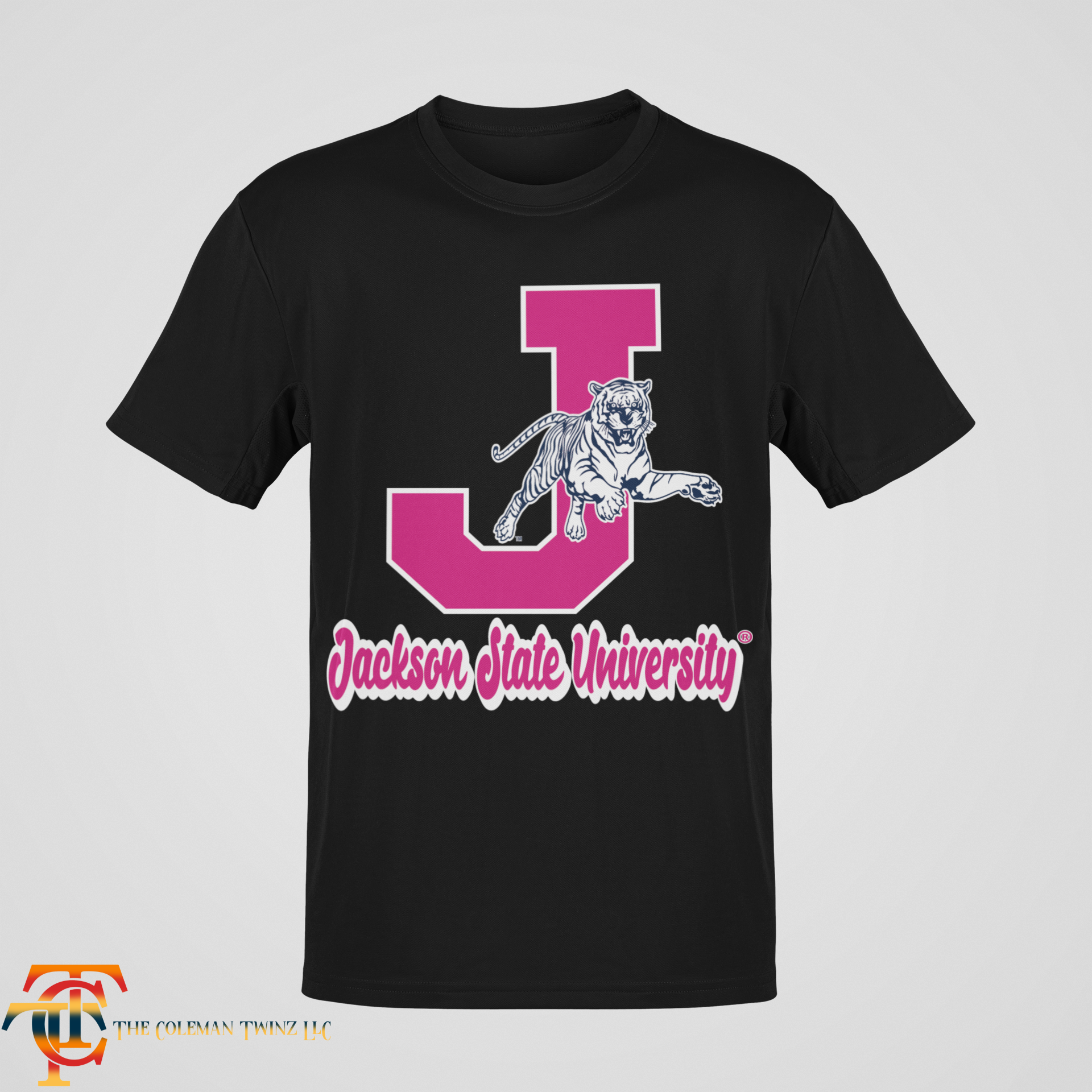 Black crew-neck T-shirt with leaping tiger and J emblem graphic