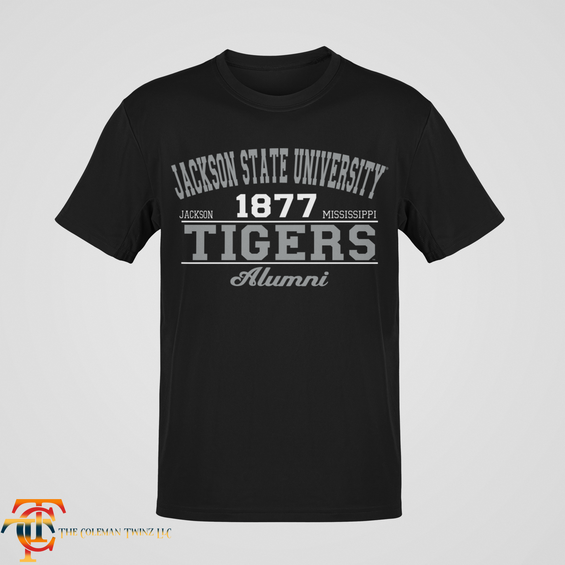 Black unisex crewneck T-shirt with '1877 Tigers' and 'Alumni' front print.