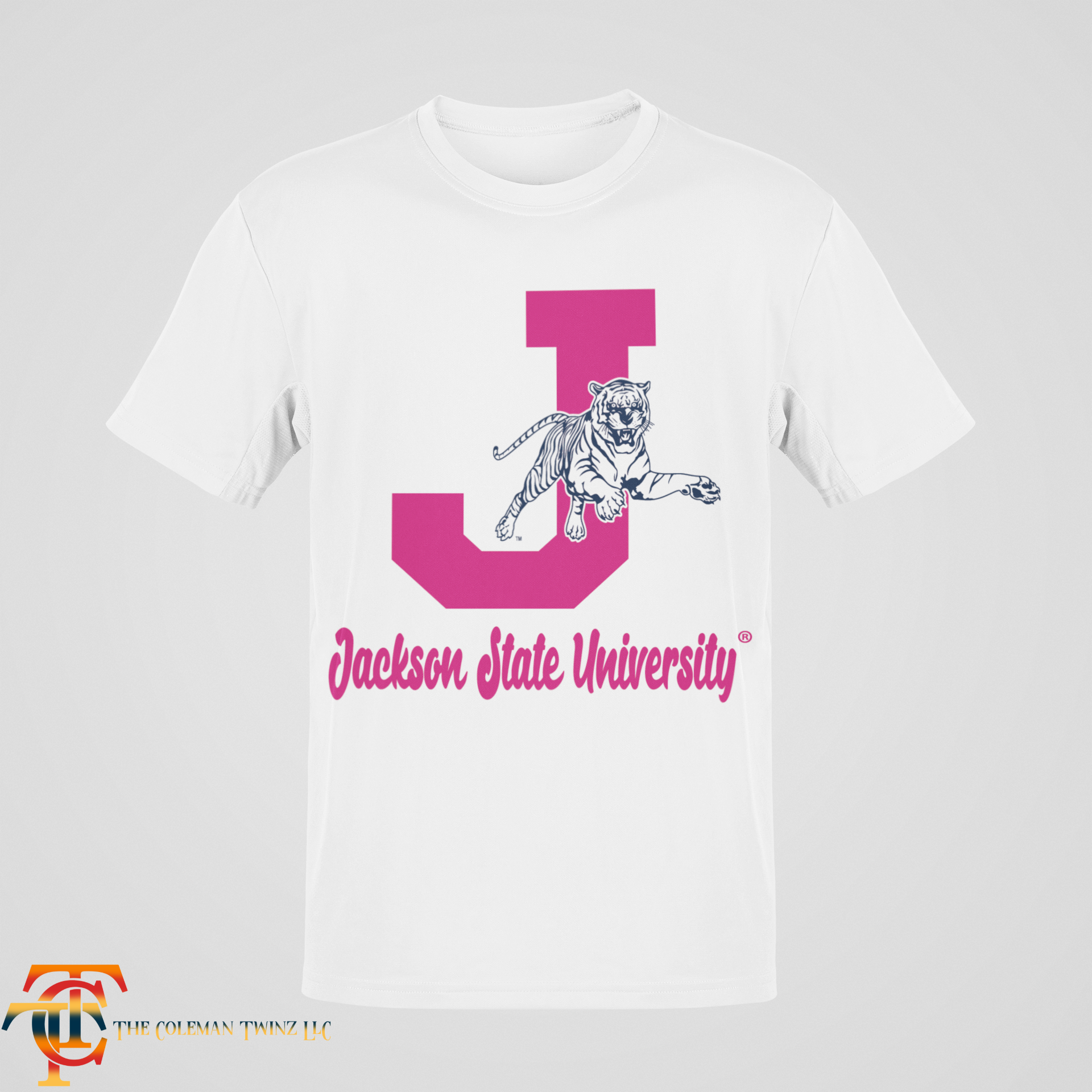 White crew-neck T-shirt with leaping tiger and J emblem graphic