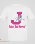 White crew-neck T-shirt with leaping tiger and J emblem graphic
