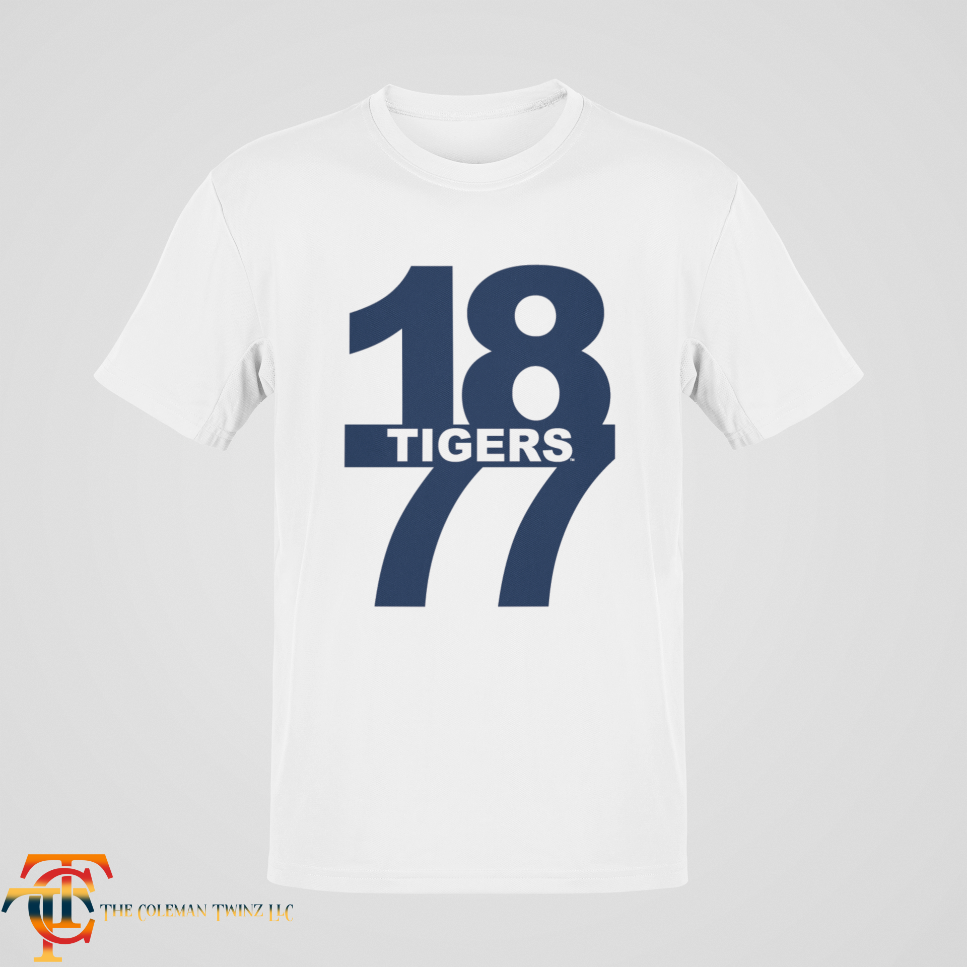 White crew neck short sleeve t-shirt with “18 Tigers 77” front graphic