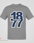 Gray crew neck short sleeve t-shirt with “18 Tigers 77” front graphic
