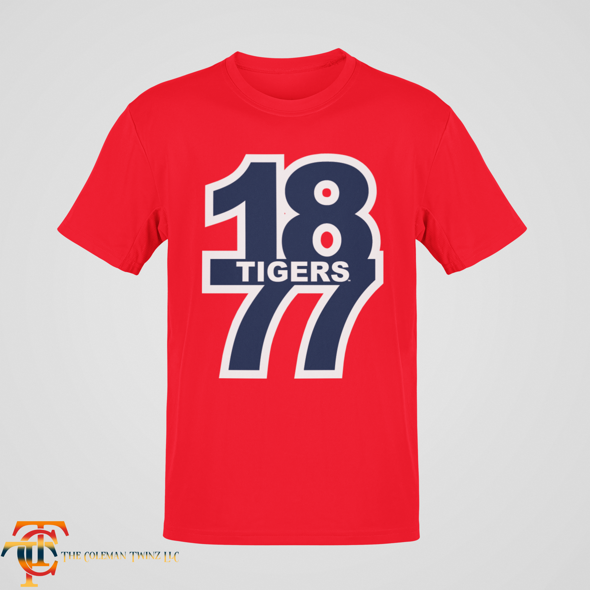Red crew neck short sleeve t-shirt with “18 Tigers 77” front graphic