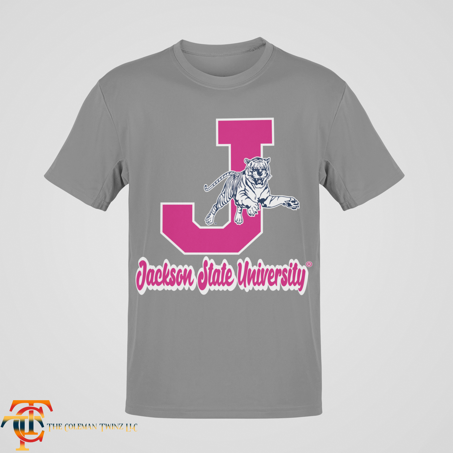 Heather gray crew-neck T-shirt with leaping tiger and J emblem graphic