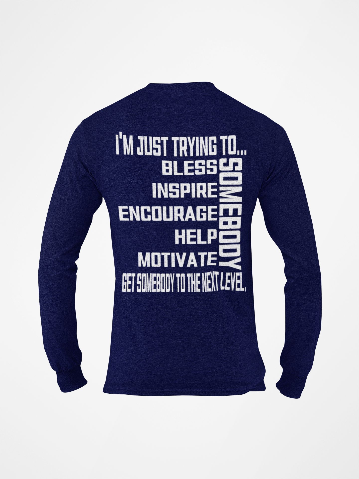 Navy blue long sleeve crewneck T-shirt, back graphic text in white