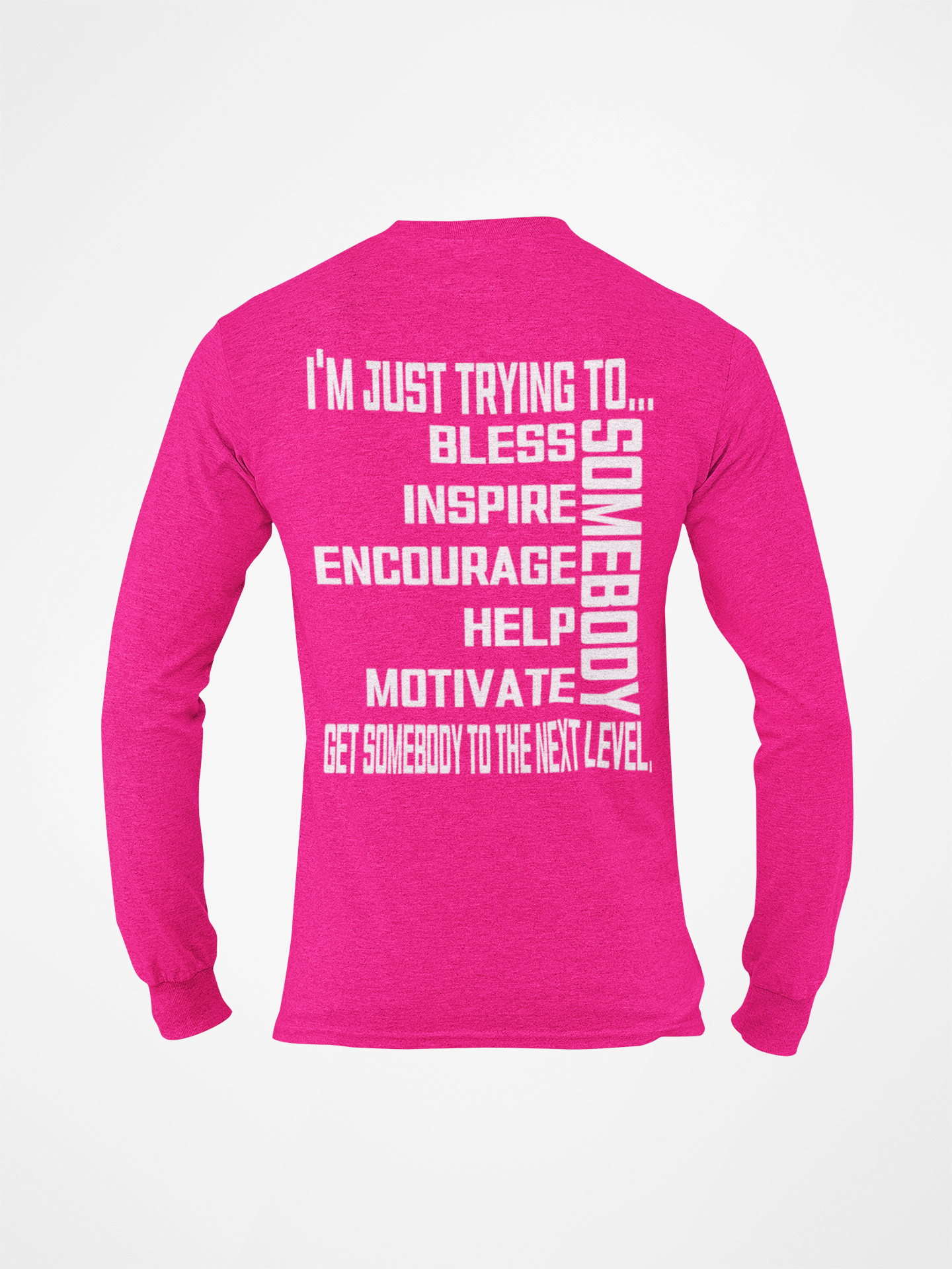 Pink long sleeve crewneck T-shirt, back graphic text in white