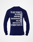 Navy blue long sleeve crewneck T-shirt, back graphic text in white