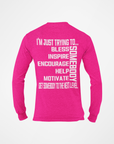 Pink long sleeve crewneck T-shirt, back graphic text in white
