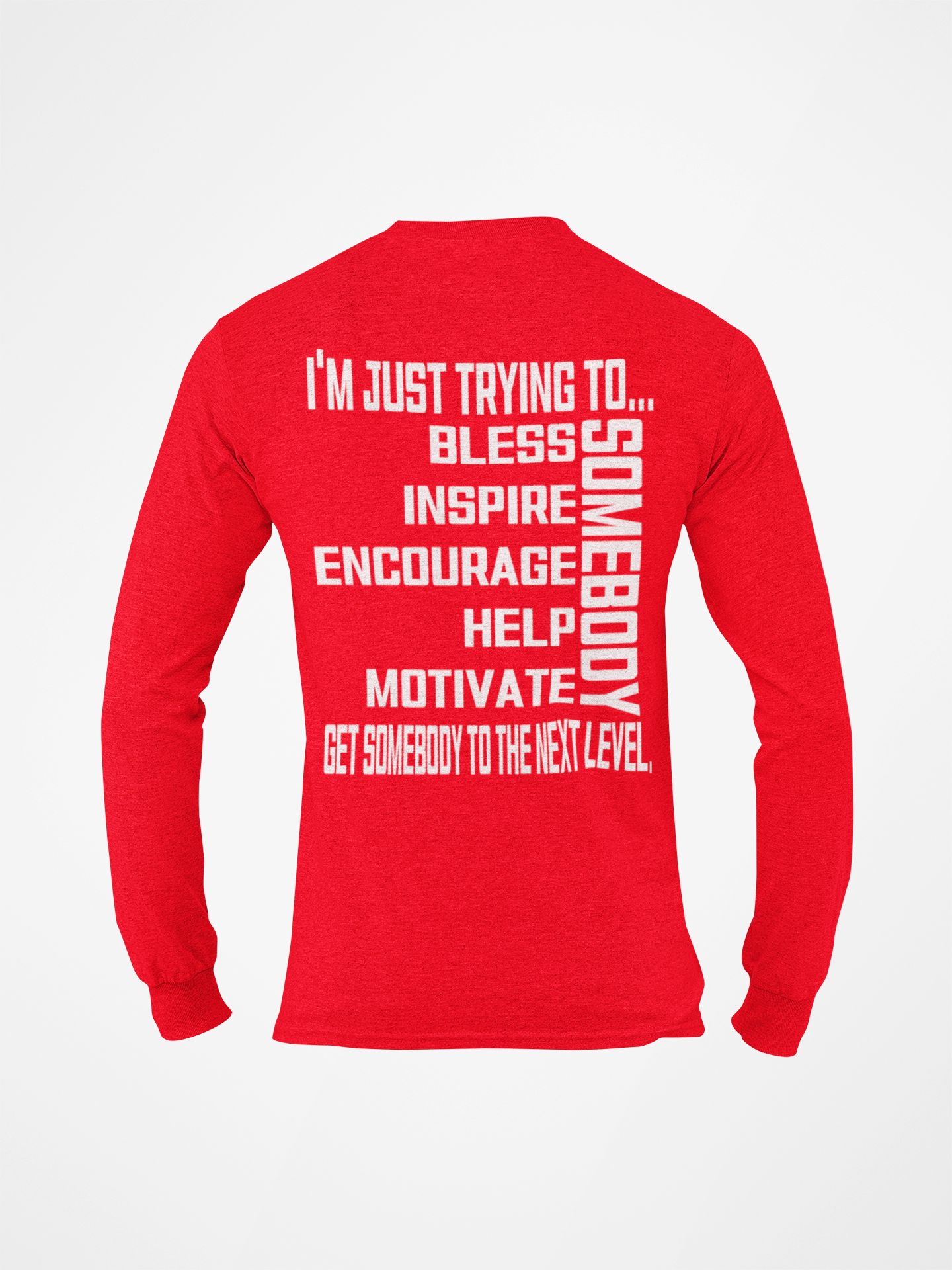 Red long sleeve crewneck T-shirt, back graphic text in white