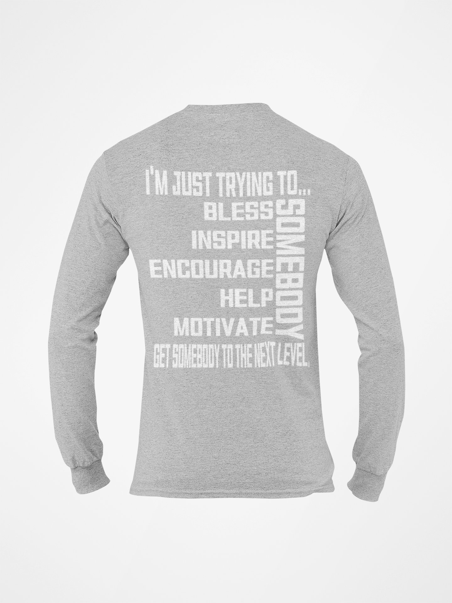 Athletic heather gray long sleeve crewneck T-shirt, back graphic text in white