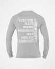 Athletic heather gray long sleeve crewneck T-shirt, back graphic text in white