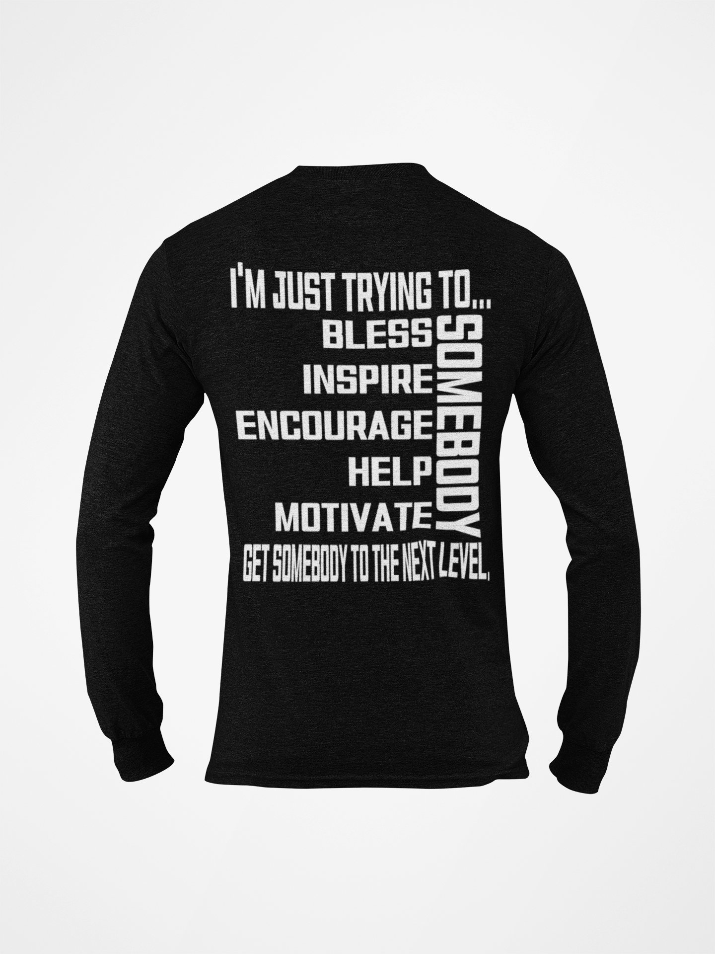 Black long sleeve crewneck T-shirt, back graphic text in white