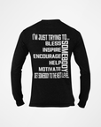 Black long sleeve crewneck T-shirt, back graphic text in white