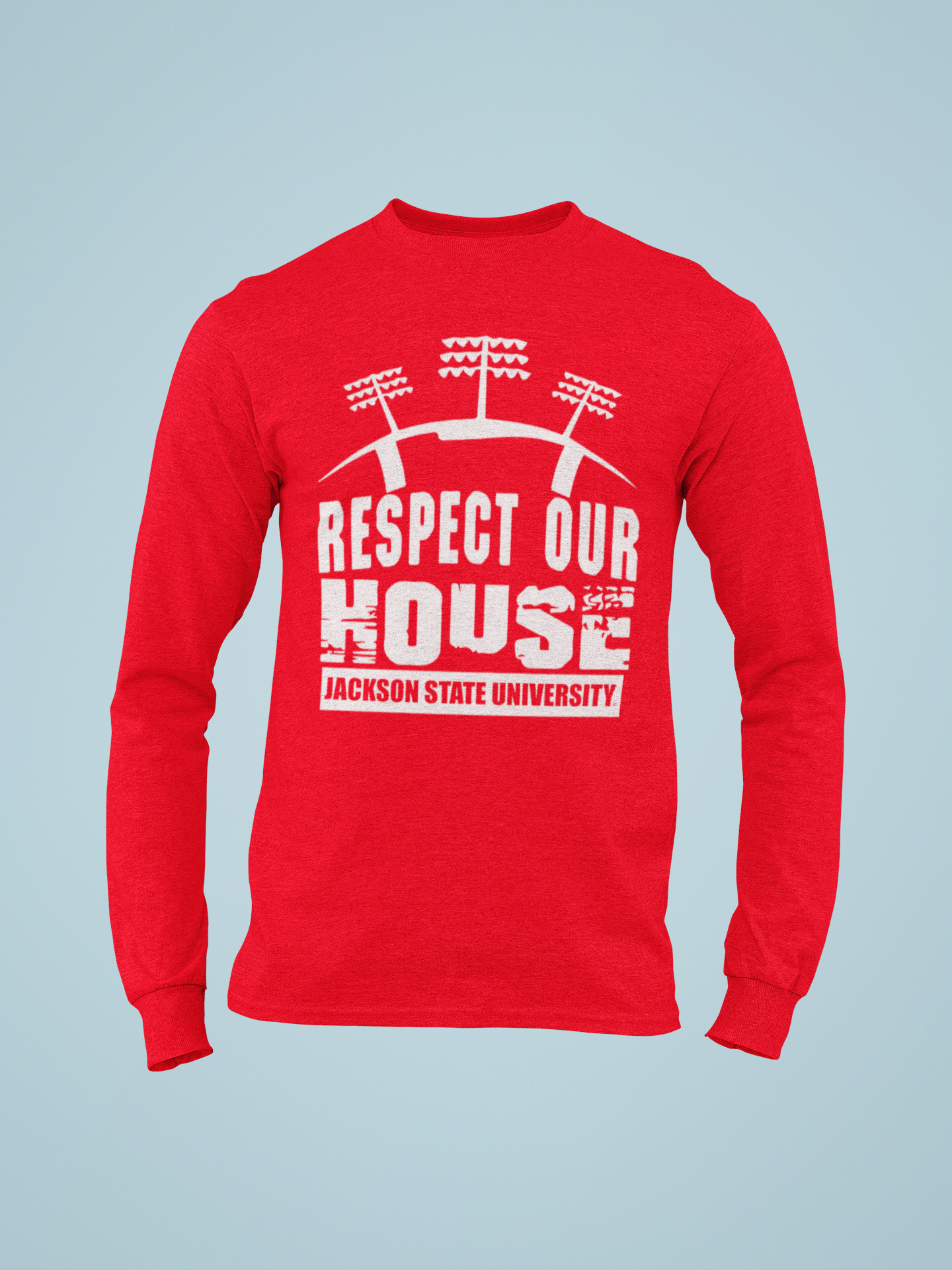 Red long-sleeve T-shirt with 'Respect Our House' puff print and Jackson State University