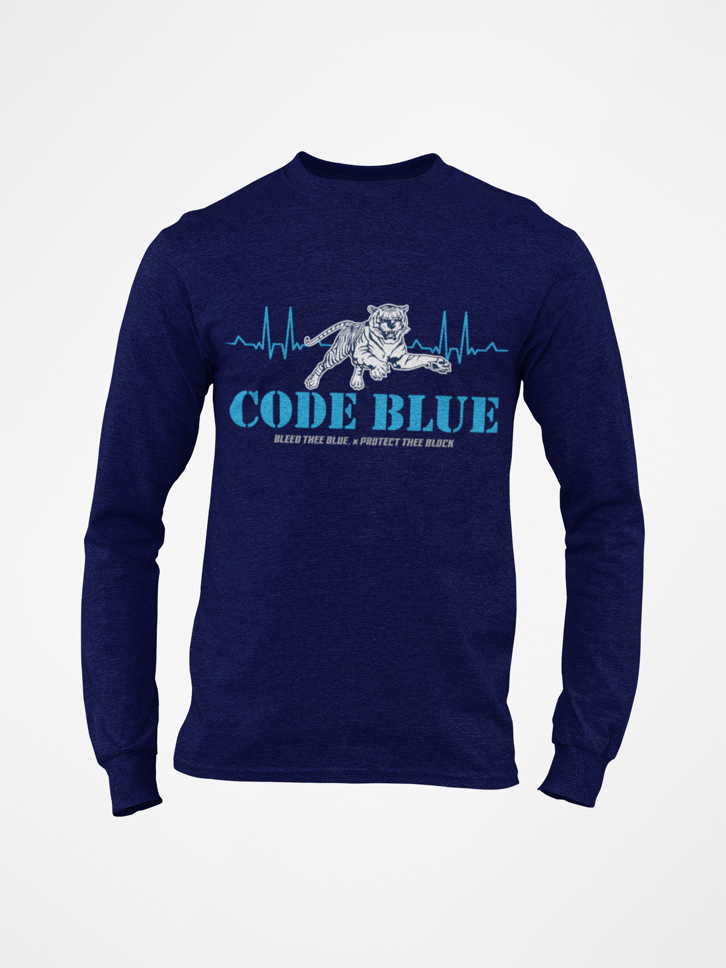 Navy blue long sleeve crewneck T-shirt with “CODE BLUE” wolf heart-rate graphic