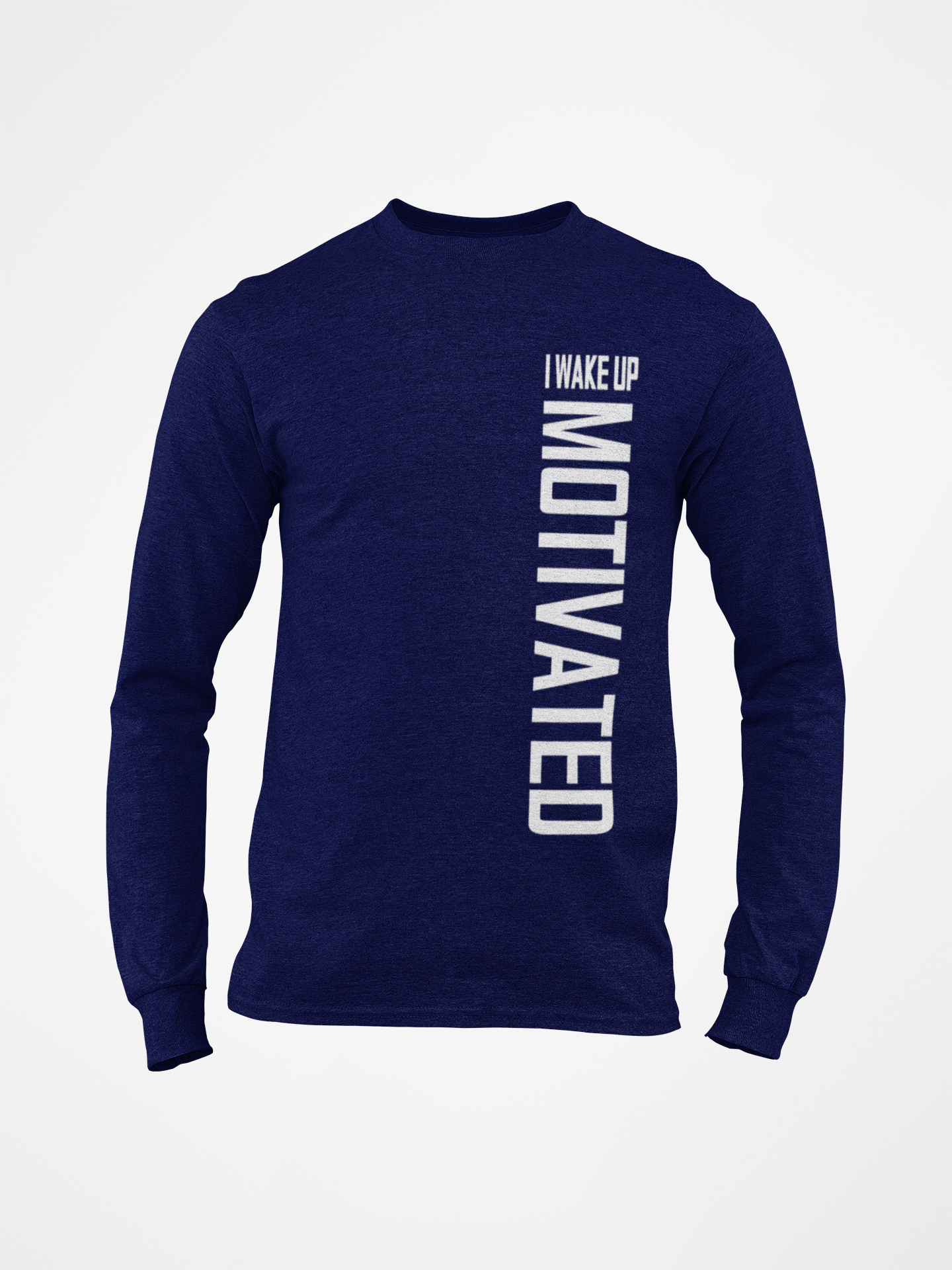 Navy blue long sleeve crewneck T-shirt, front vertical white slogan graphic