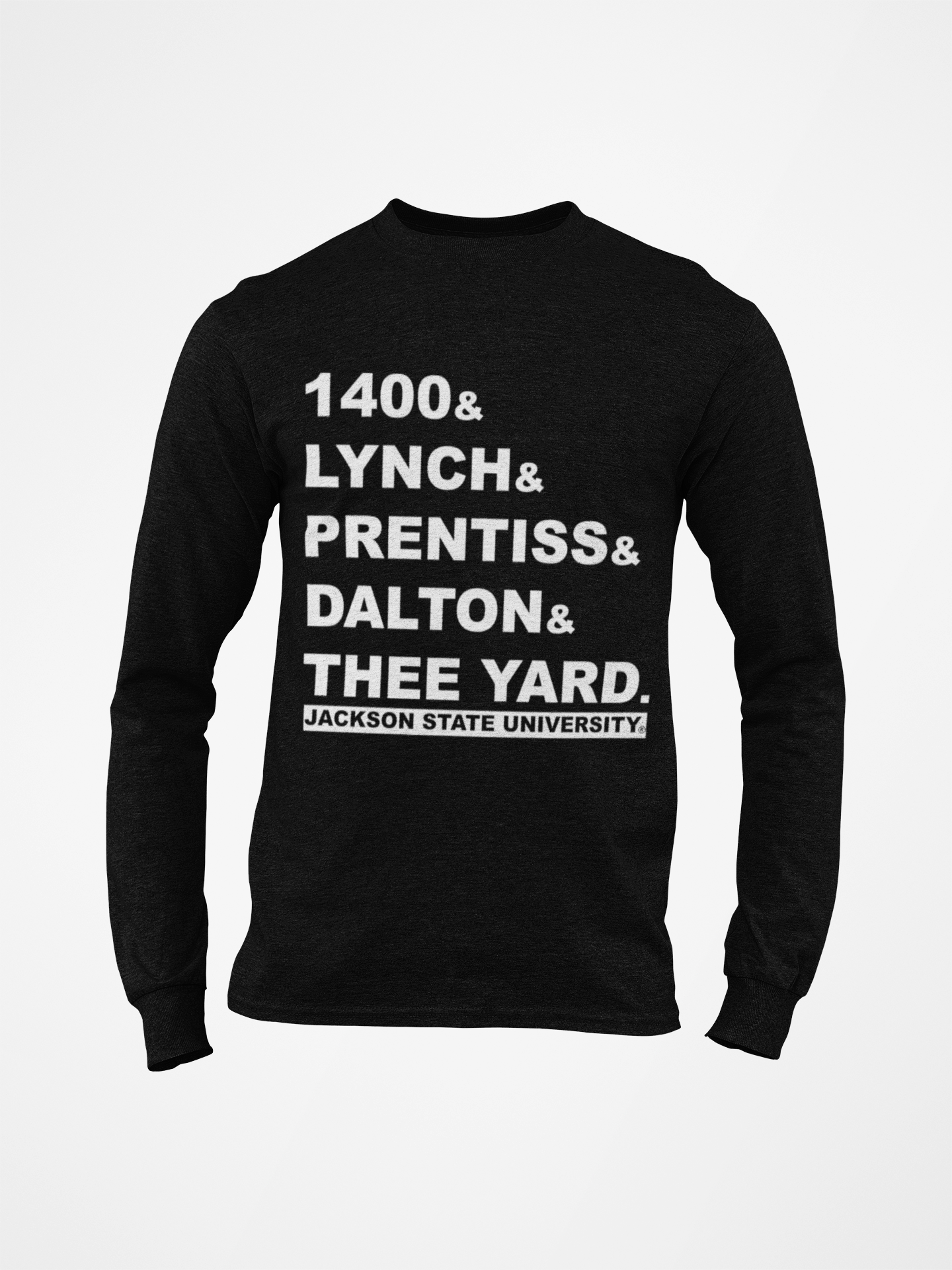 Black long-sleeve crew neck T-shirt with front block slogan graphic
