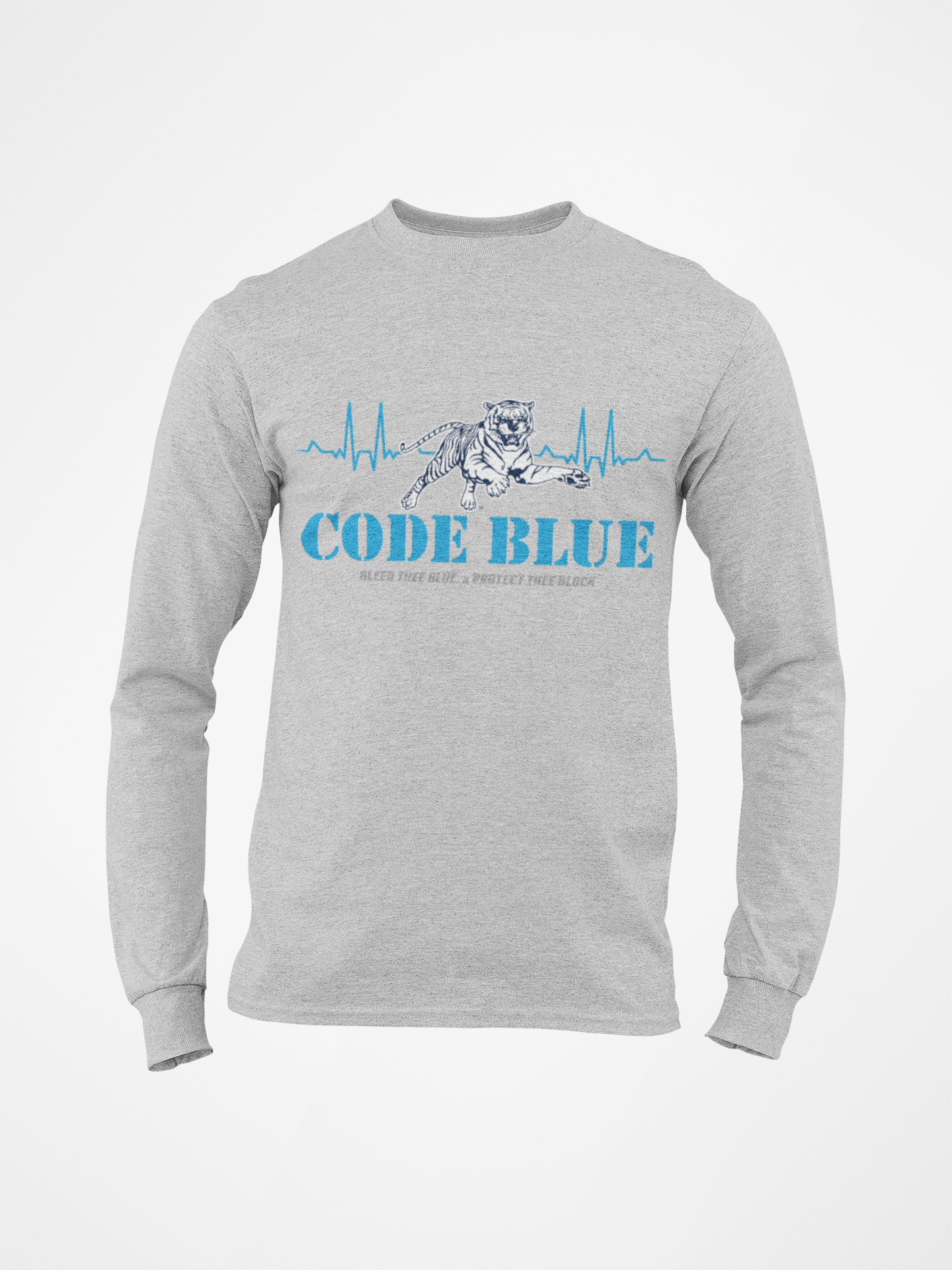 Athletic heather gray long sleeve crewneck T-shirt with “CODE BLUE” wolf heart-rate graphic