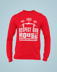 Red long-sleeve T-shirt with 'Respect Our House' puff print and Jackson State University