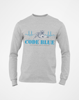 Athletic heather gray long sleeve crewneck T-shirt with “CODE BLUE” wolf heart-rate graphic