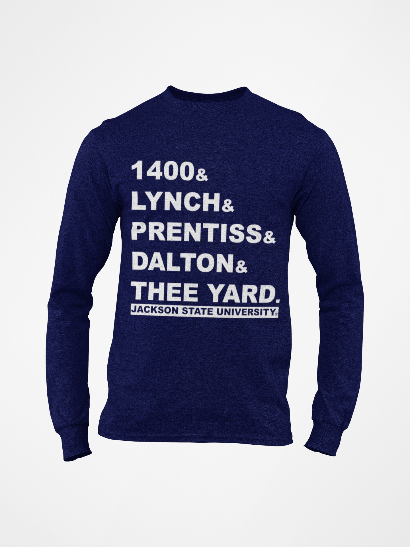 Navy blue long-sleeve crew neck T-shirt with front block slogan graphic
