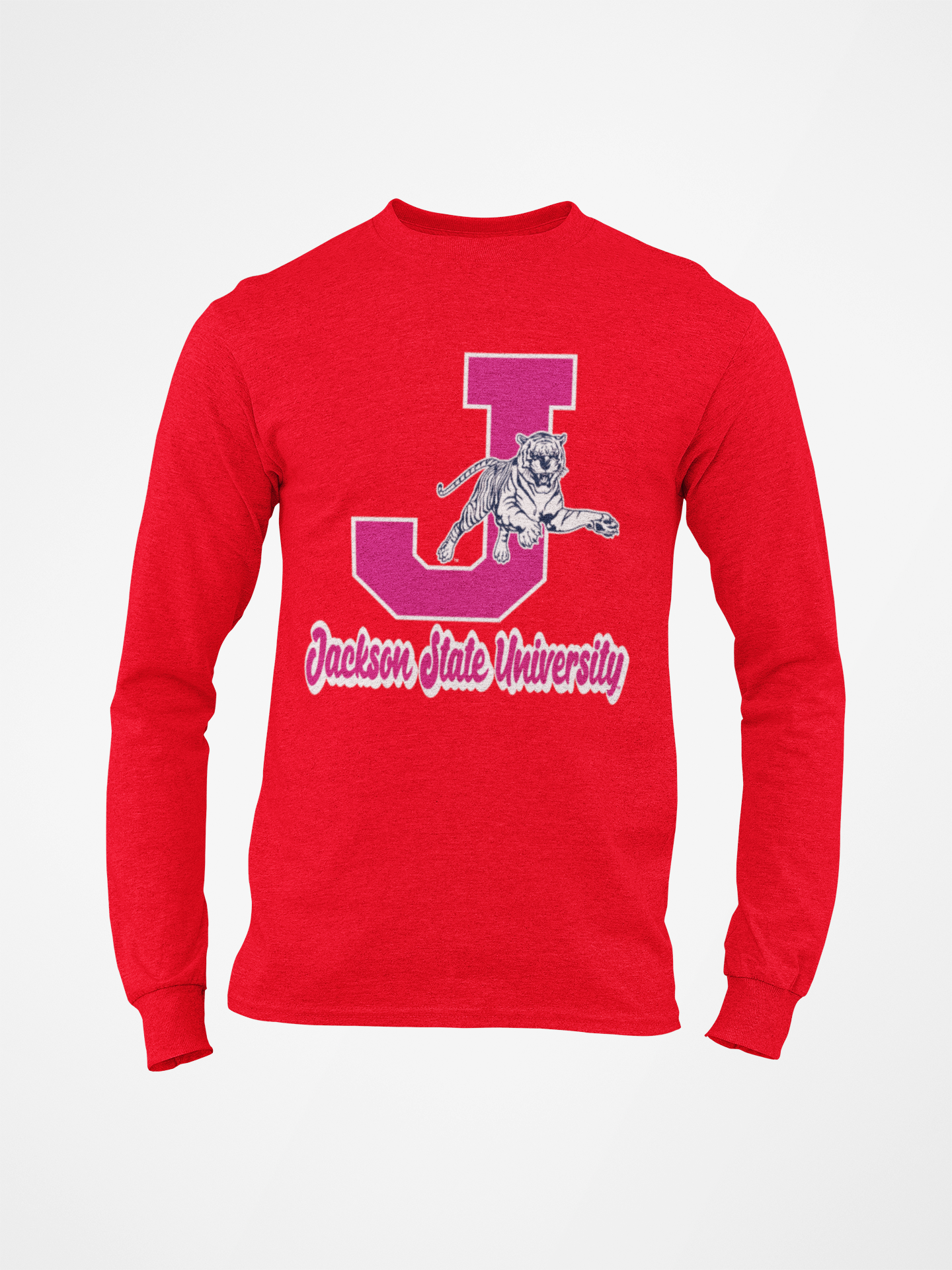 Red long-sleeve crew neck T-shirt with J leaping tiger and school text front print