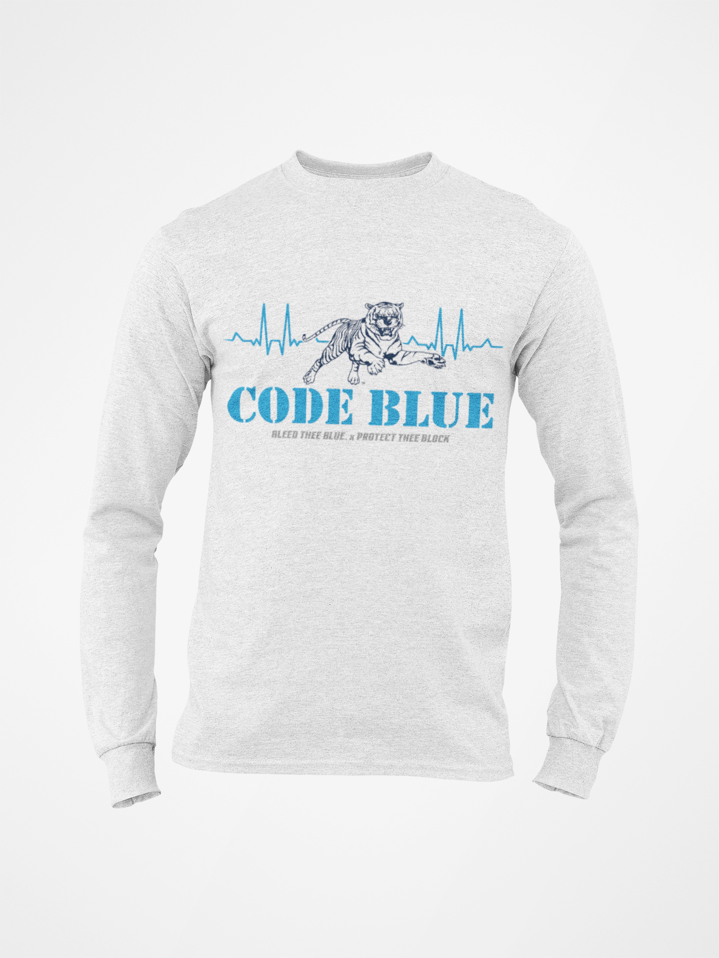 Light gray long sleeve crewneck T-shirt with “CODE BLUE” wolf heart-rate graphic