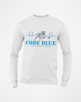 Light gray long sleeve crewneck T-shirt with “CODE BLUE” wolf heart-rate graphic