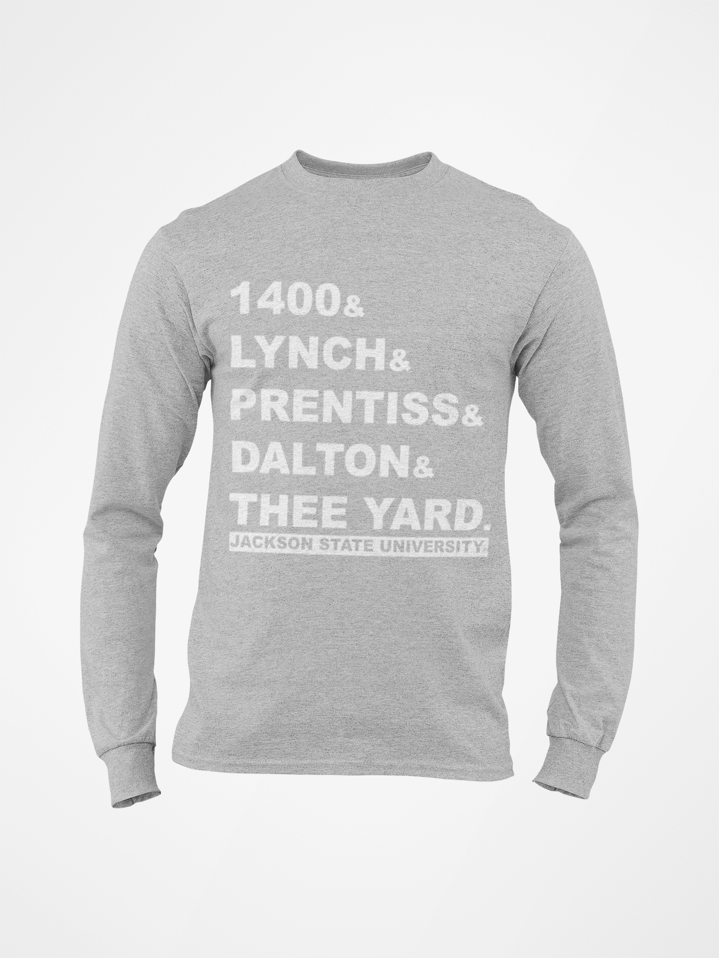 Heather gray long-sleeve crew neck T-shirt with front block slogan graphic